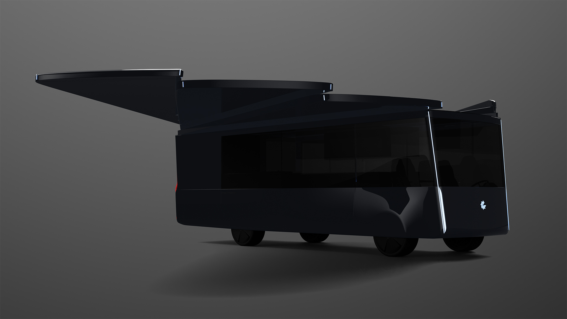 Visualisation of the Lastinski Green Freedom electric camper van concept, in studio environment, front view with roof expanded.
