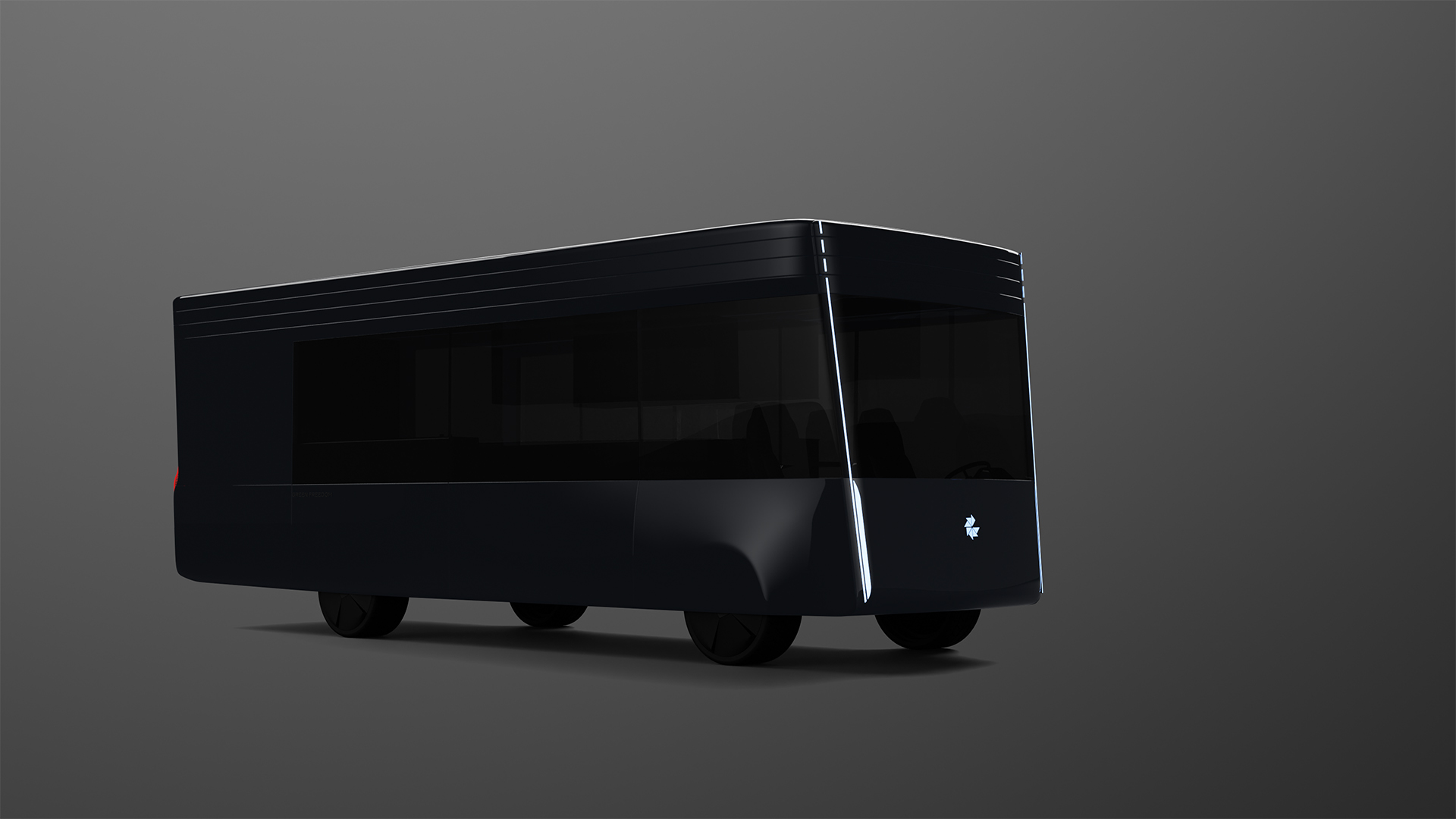 Visualisation of the Lastinski Green Freedom electric camper van concept, in studio environment, front view.