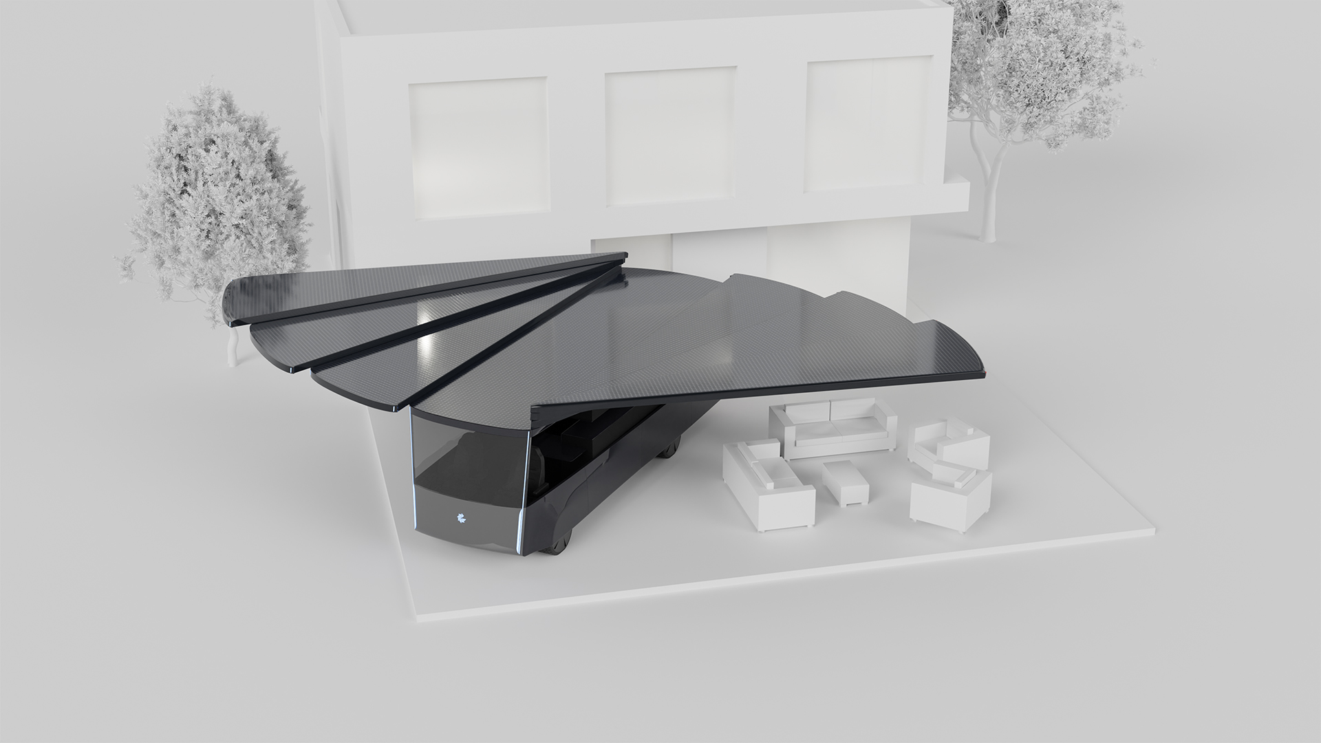 Visualisation of the Lastinski Green Freedom electric camper van concept parked outside a house. The solar roof is expanded and is being used to produce energy and shade the terrace.