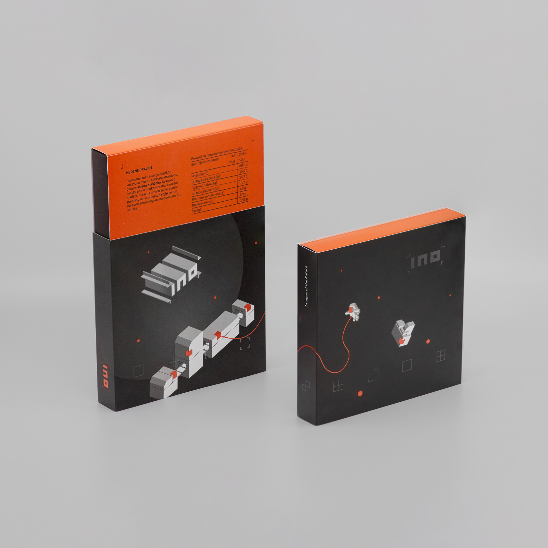 A photo of INO company’s business gift, chocolate sweets in custom packaging with illustrations in INO corporate identity.