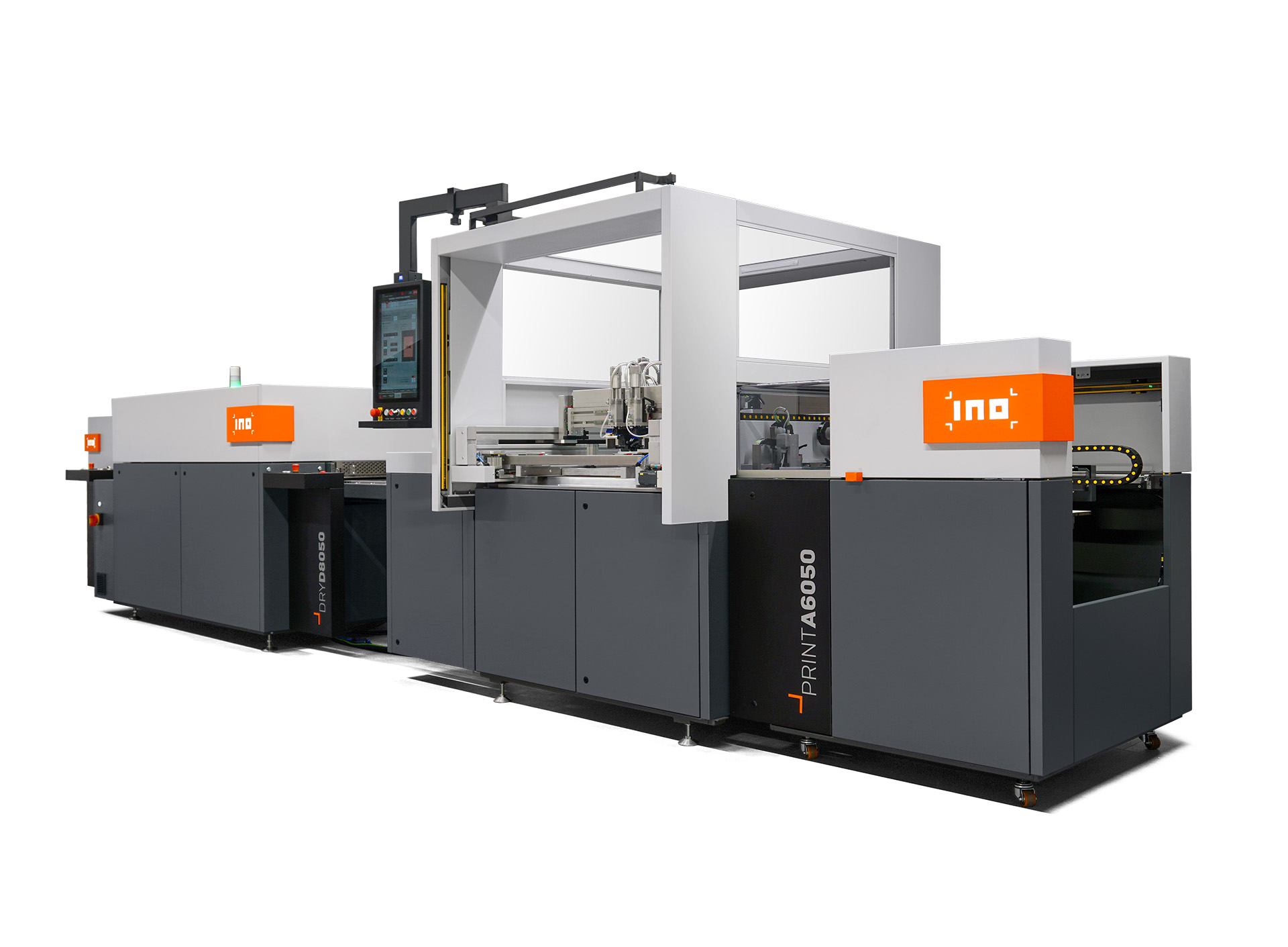 A photo of the INO screen printing line, including the machines Print A6, Dry D1 and Stack S3, showing the systematic design approach in unified colors, shapes and product graphics.