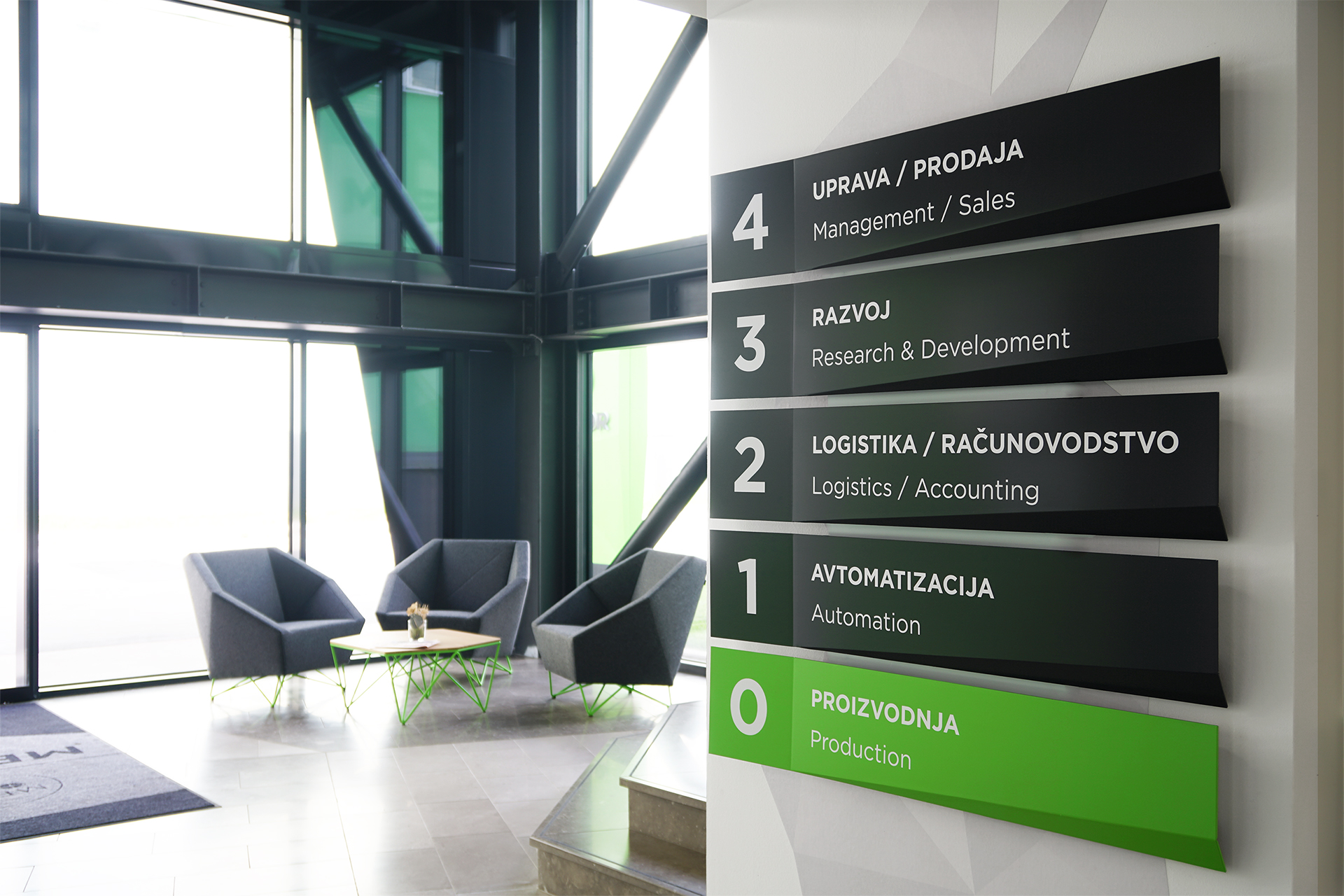 A photo of the Mebor company office space interior design, showing the lobby with the entrance and the infographics signage system.