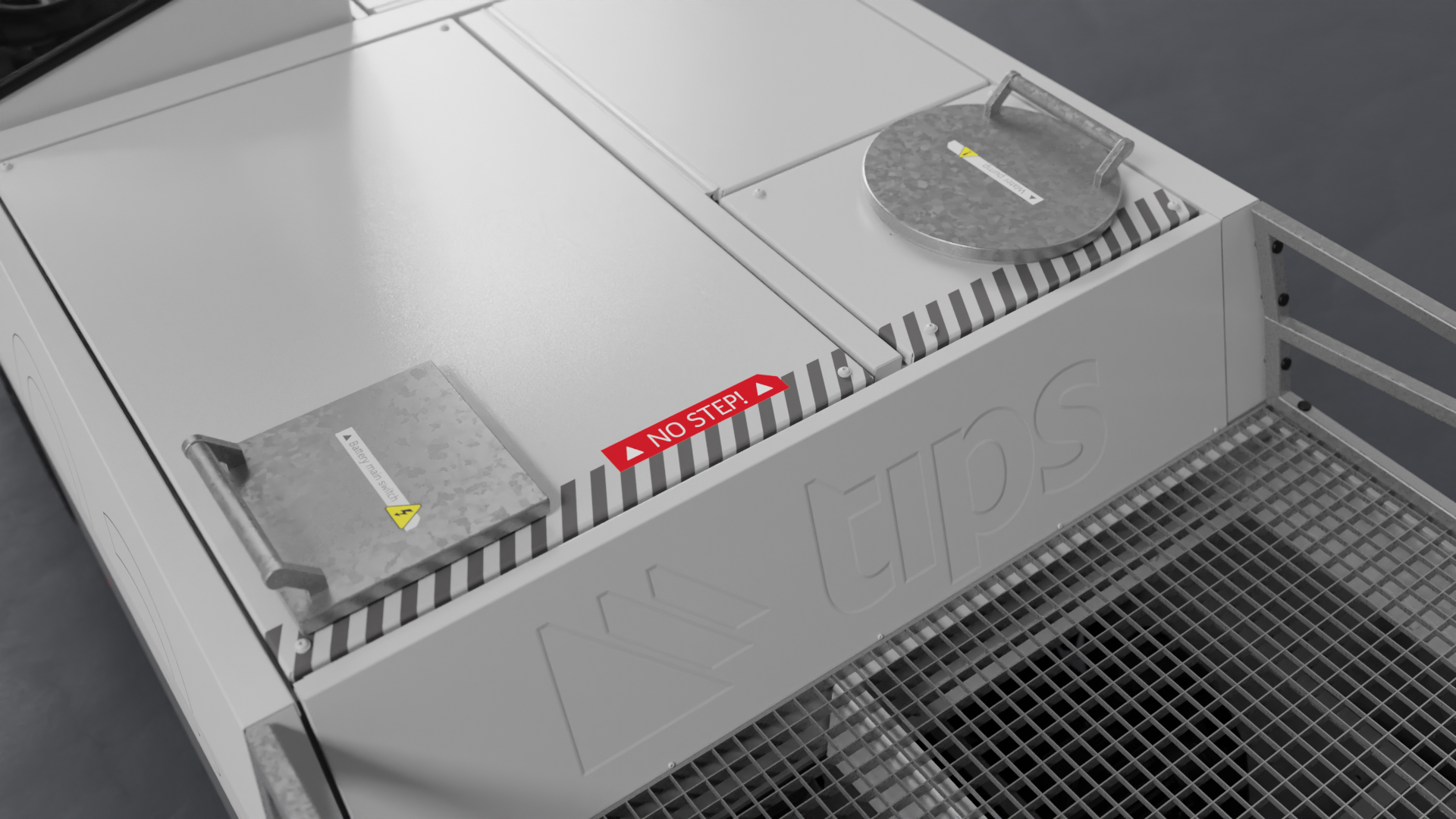 Visualisation of the Tips GSE Tank electric airport water tank vehicle, showing the rear access hatches.