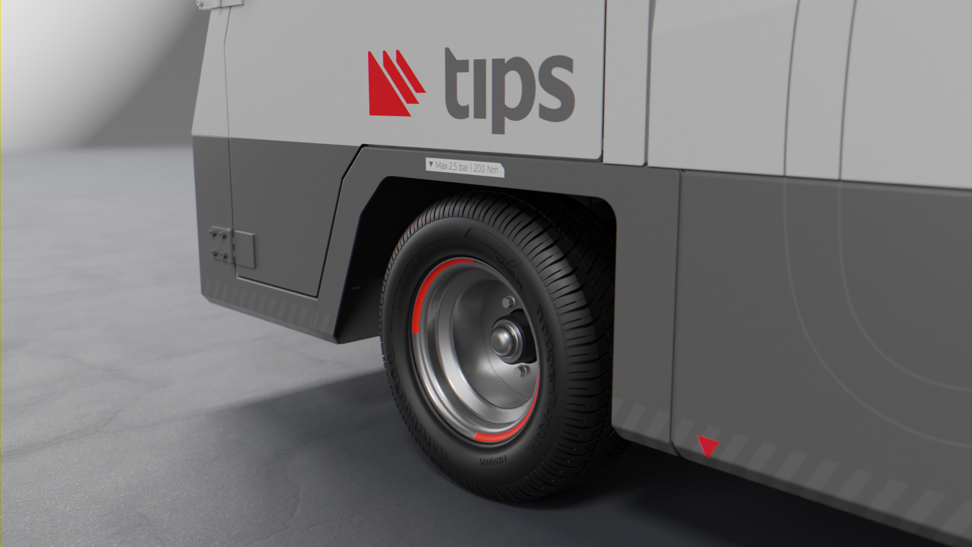 Visualisation of the Tips GSE Thruster electric airport tow tractor, showing the front wheel, wheel arch and driver’s door.
