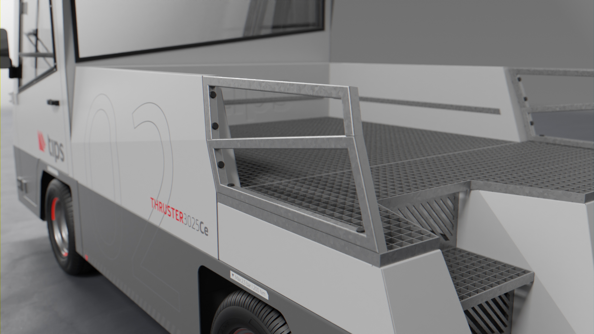Visualisation of the Tips GSE Thruster electric airport tow tractor, showing the rear truck cargo bed and guardrails.
