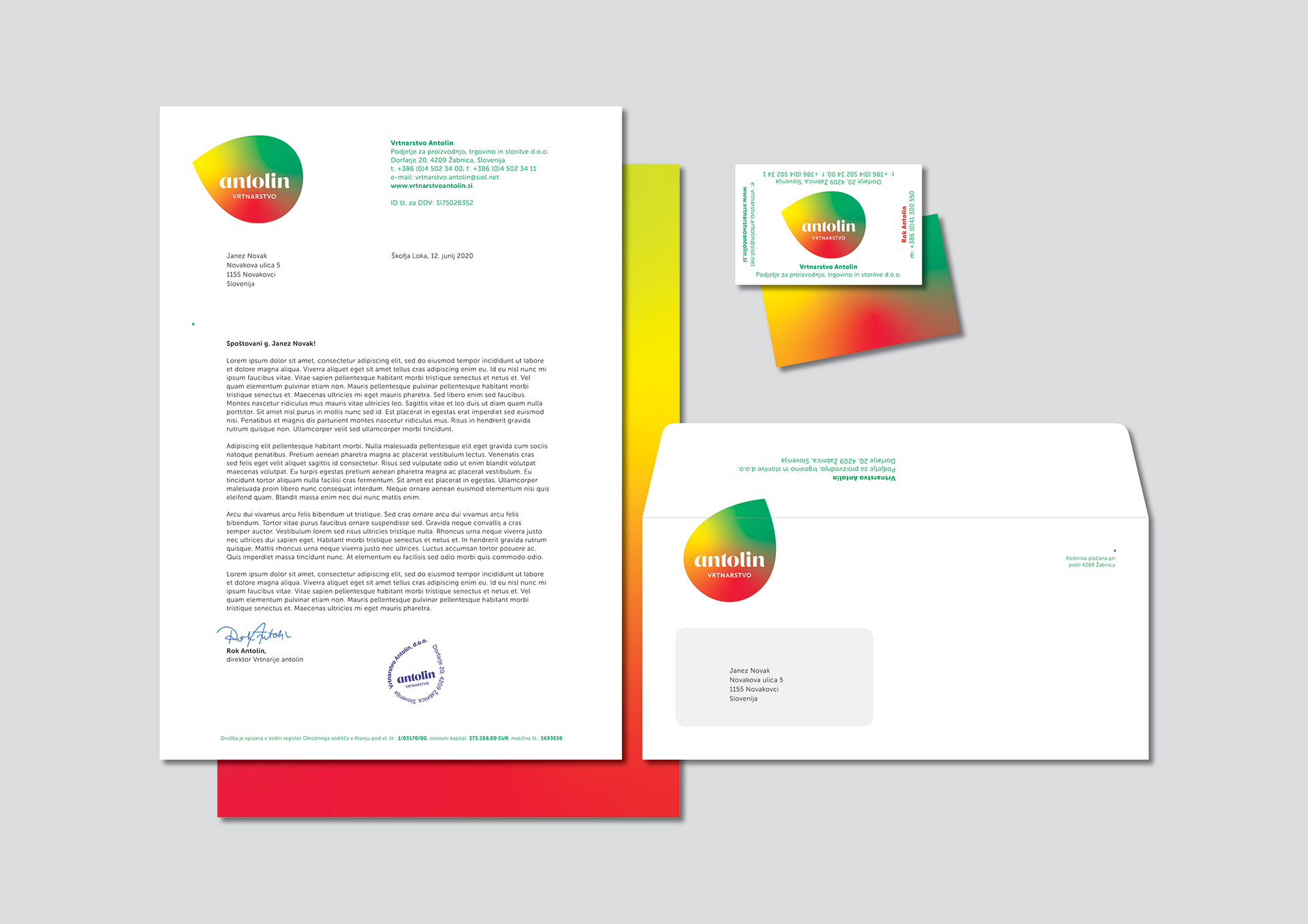 Visualisation of the Vrtnarstvo Antolin corporate brand identity design use case, showing stationery examples: a letterhead, envelope and business cards.