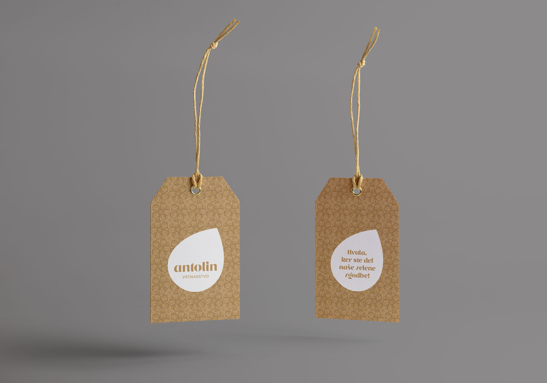 Visualisation of the Vrtnarstvo Antolin corporate brand identity design use case, showing custom Antolin product tags.