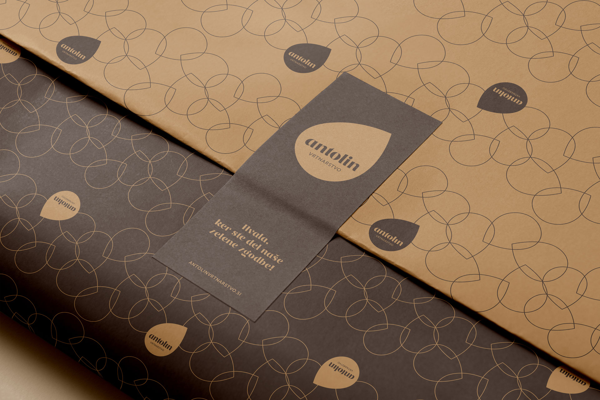 Visualisation of the Vrtnarstvo Antolin corporate brand identity design use case, showing the Antolin custom wrapping paper.