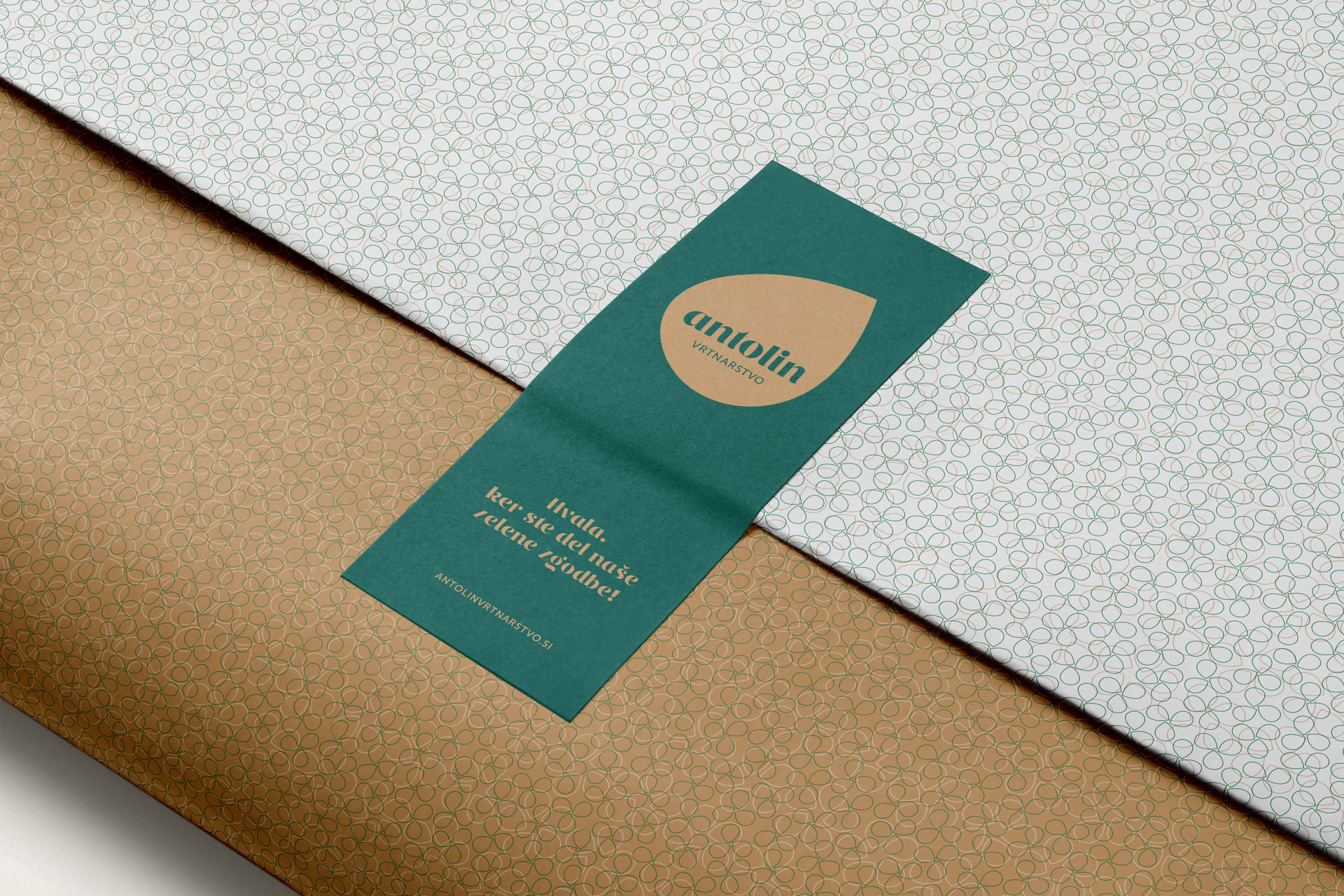 Visualisation of the Vrtnarstvo Antolin corporate brand identity design use case, showing the Antolin custom wrapping paper.