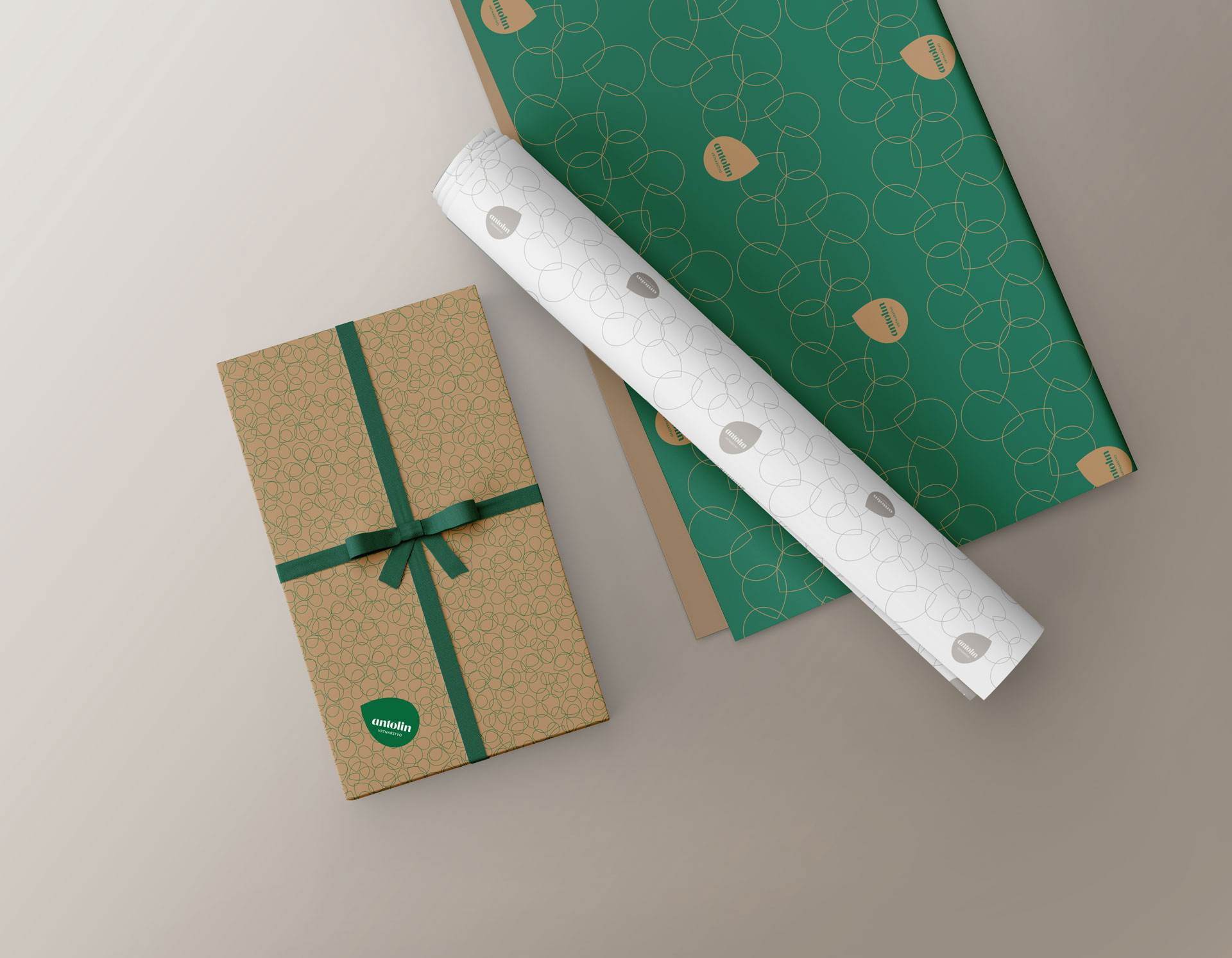 Visualisation of the Vrtnarstvo Antolin corporate brand identity design use case, showing the Antolin custom wrapping paper.