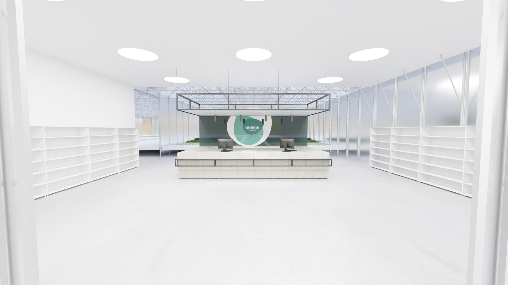 Visualisation of the interior design concept for the Vrtnarstvo Antolin in Forme, showing the arrangement with the cashier’s desk opposite from the entrance.