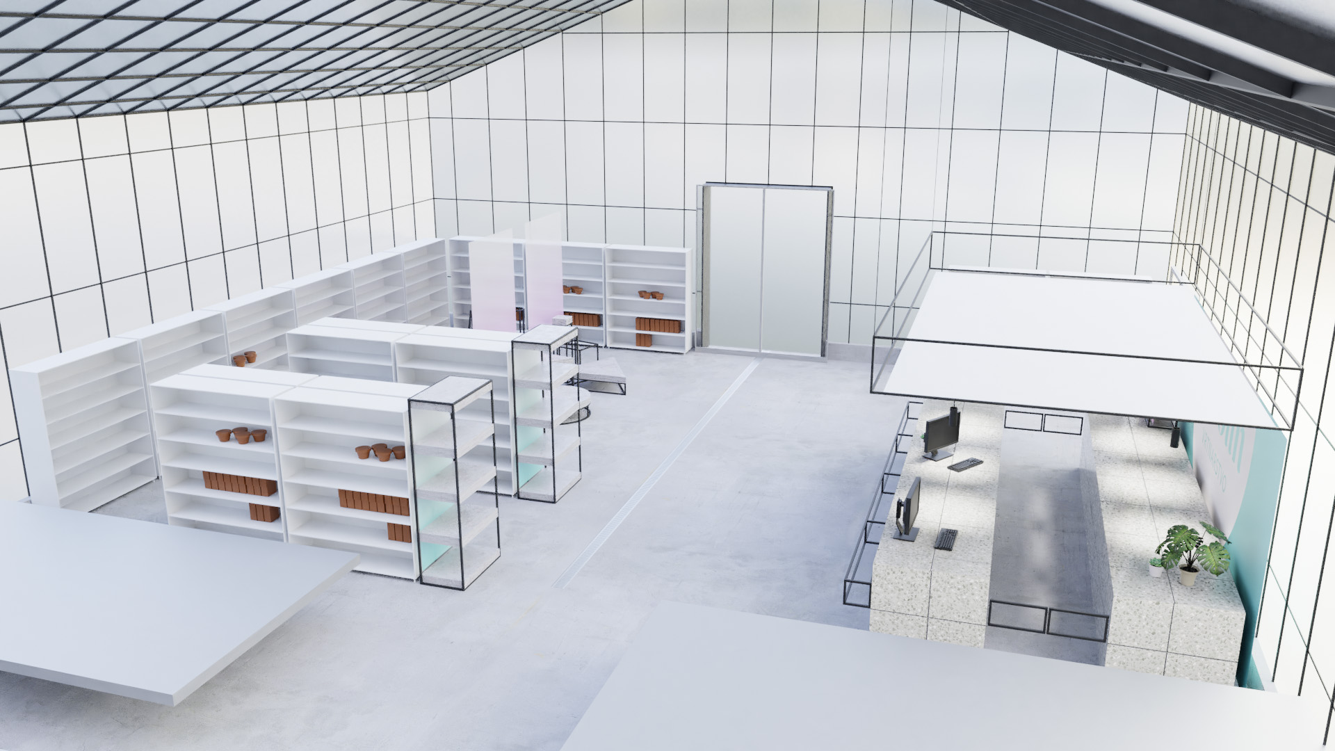 Visualisation of the interior design concept for the Vrtnarstvo Antolin in Radovljica, showing the cashier’s desk inside a greenhouse from the rear, with a canvas background and a roof.