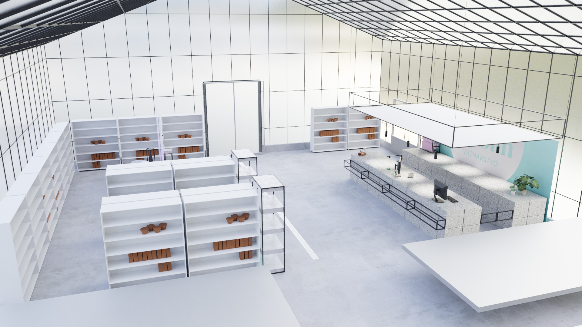 Visualisation of the interior design concept for the Vrtnarstvo Antolin in Radovljica, showing the cashier’s desk inside a greenhouse from the top, with a canvas background and a roof.