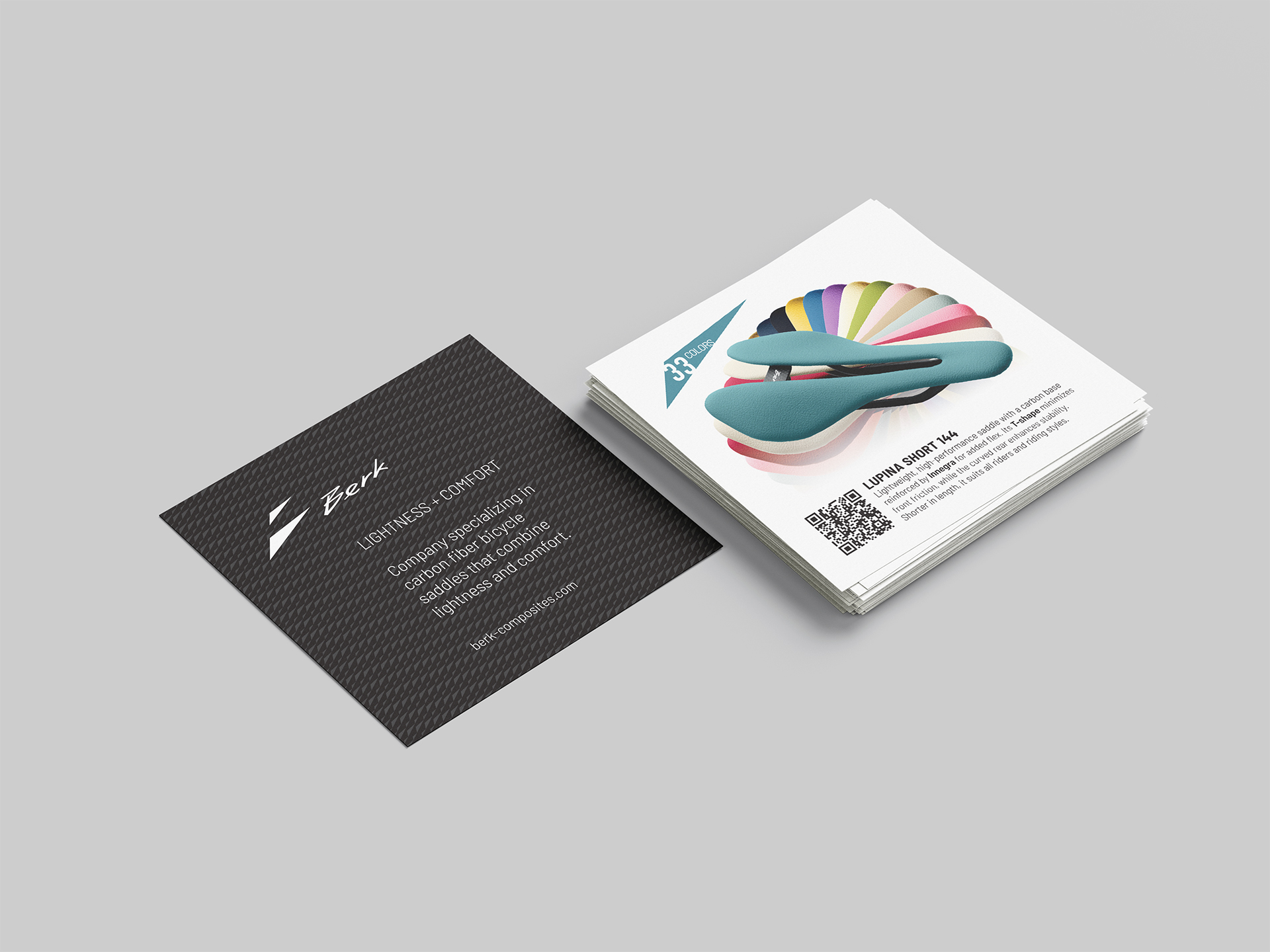Double-sided promotional flyer design for Berk Composites. The front side showcases a dynamic layout with carbon fibre saddles in an infinite range of colour variations, emphasizing product customizability. The back side features a refined company description, the updated Berk logo, and a subtle background pattern made of the brand’s signature triangular symbol, reinforcing the visual identity.