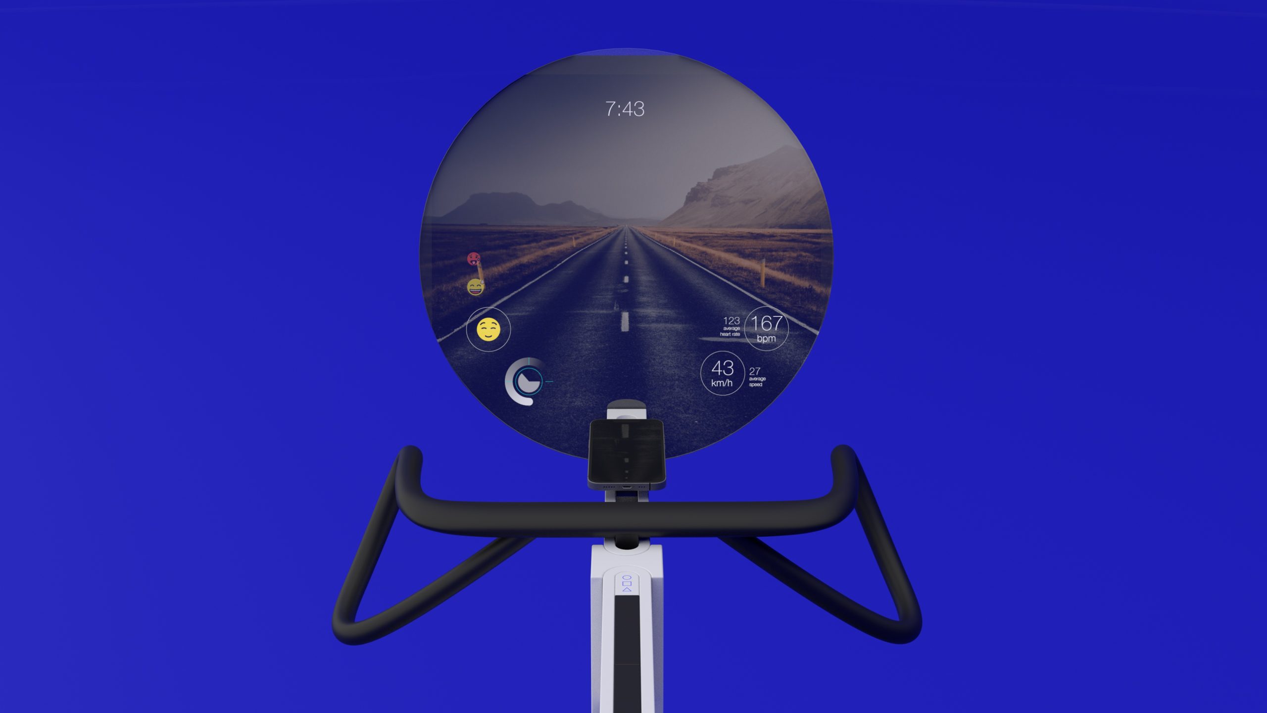 Riders view of the electroclash concept spin bike for indoor cycling workout with a virtual screen for simulating a realistic cycling experience for a more immersive workout.