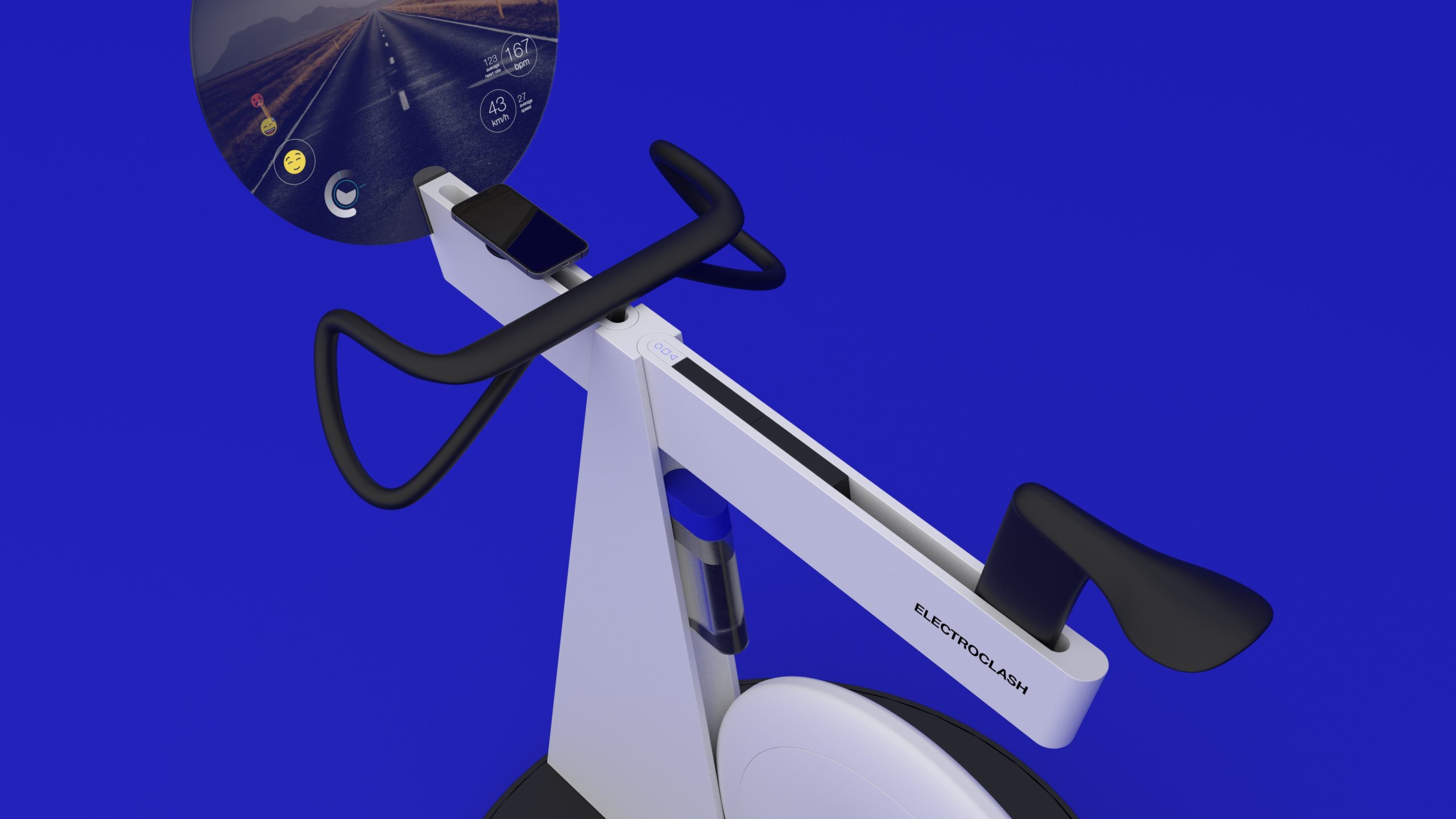 Detailed view of the electroclash concept spin bike for indoor cycling workout with virtual screen for simulating a realistic cycling experience and integrated smartphone charger, colling fans and wate bottle.