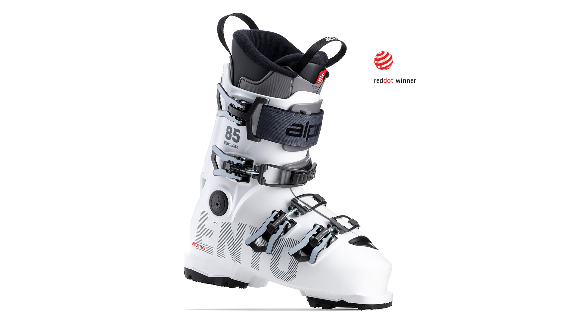White Enyo women’s ski boot with women’s-specific design, side view. Red Dot Design Award winner.