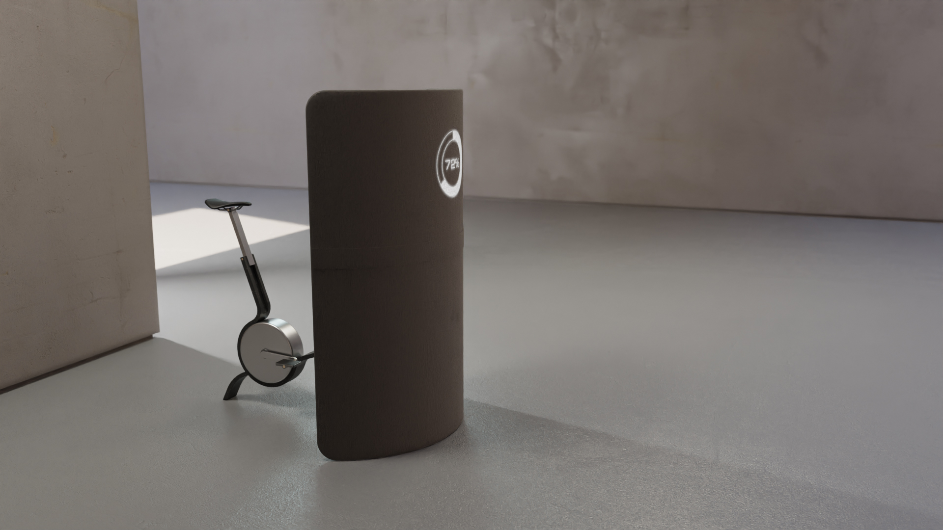 Frontal shot of the custom-designed indoor spin bike, set in a minimalist architectural space. Featuring an integrated display, the bike blends high-end aesthetics with functional innovation. A sculptural fitness solution that elevates both form and user experience in modern interiors.