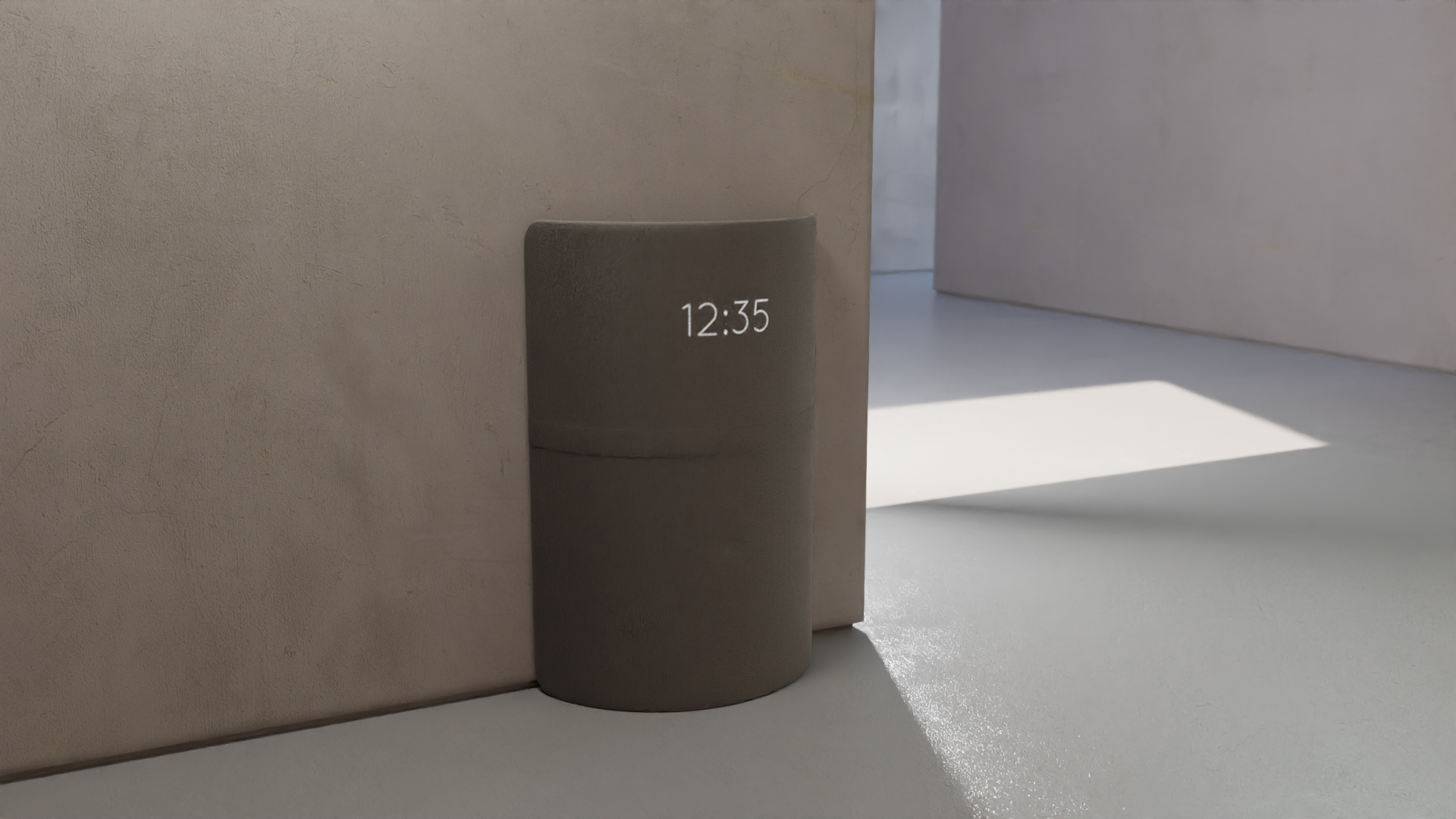 Folded indoor spin bike mounted against the wall, with a sleek exterior display showing the time. The compact design merges fitness and smart functionality, offering an elegant, space-efficient solution for contemporary living environments. Designed with both form and utility in mind.