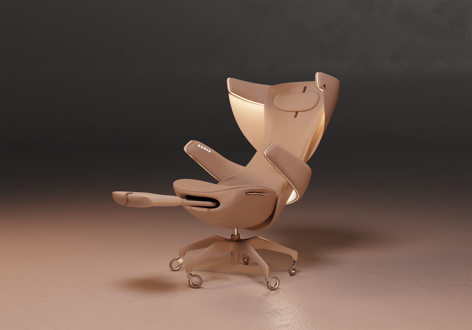 Ergonomic chair in relax mode, shown in a reclined position with the footrest extended and the immersion curtain deployed. Warm, ambient LED lighting creates a calming atmosphere, emphasizing comfort and sensory relaxation.