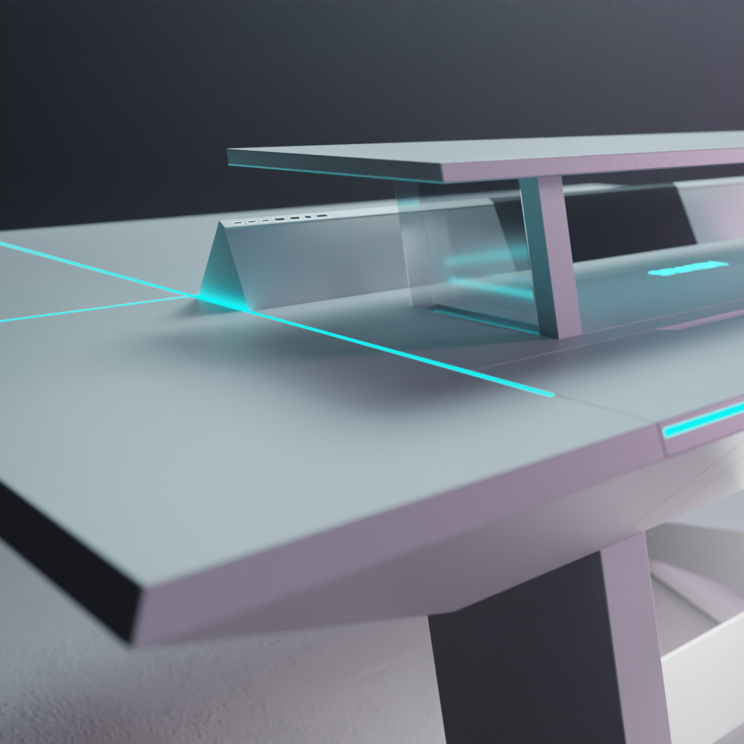 Detailed rear view of a futuristic white office desk showcasing the elevated monitor stand and the raised control panel positioned just in front of it, with USB ports and connectivity inputs located on the back top edge of the control panel. Cyan LED lighting runs along the rear edge and across the top panels of the desk, accentuating the white angular surfaces and highlighting the desk’s clean, high-tech design and precision detailing.