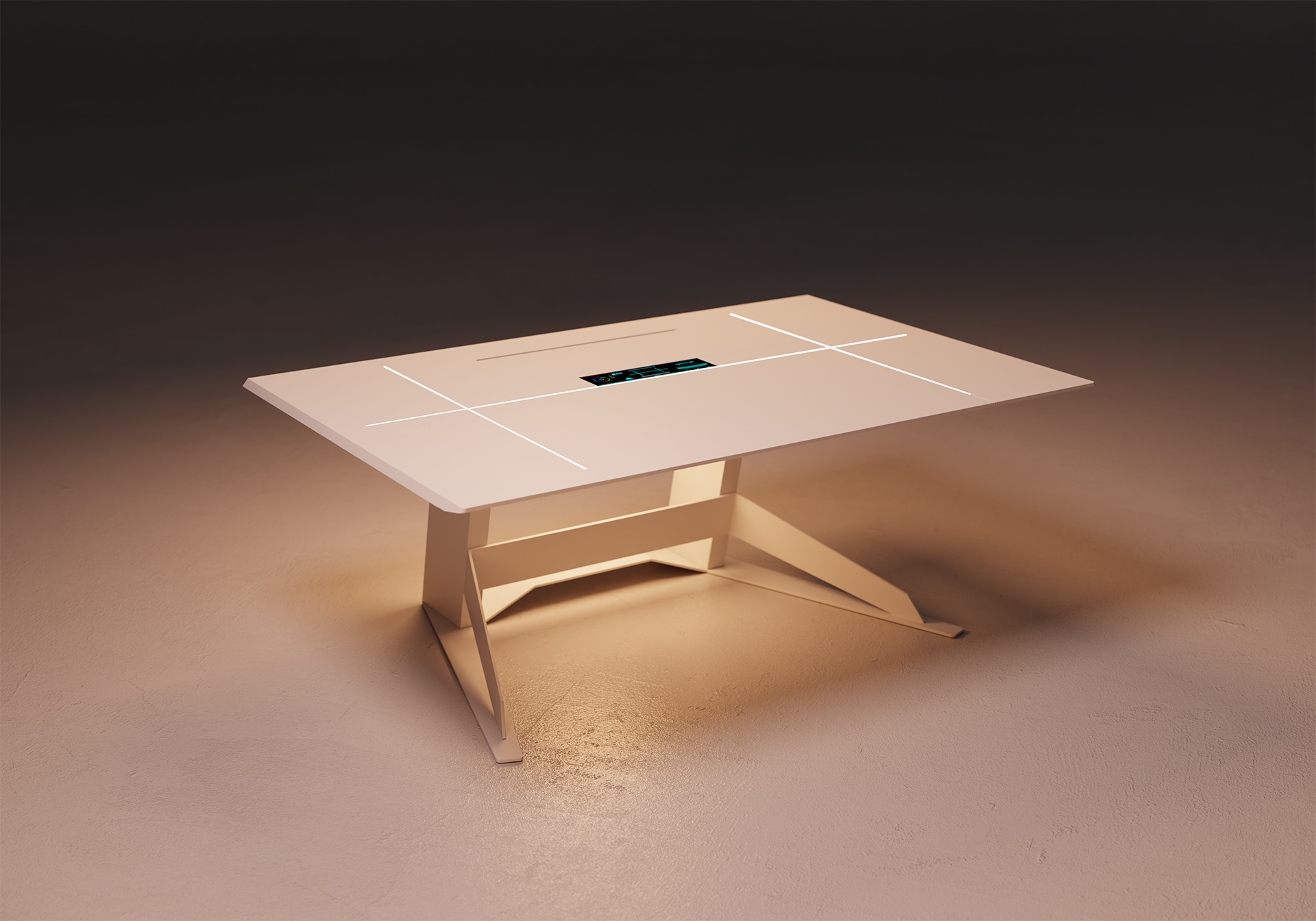 Futuristic white office desk in relaxation mode featuring a clean, angular design and integrated white LED lighting accents. All the panels and compartments are folded folded away, transforming the desk into a clean, uninterrupted surface. The built-in display screens remain visible but sit flush with the tabletop, integrated into the folded-down docking area.