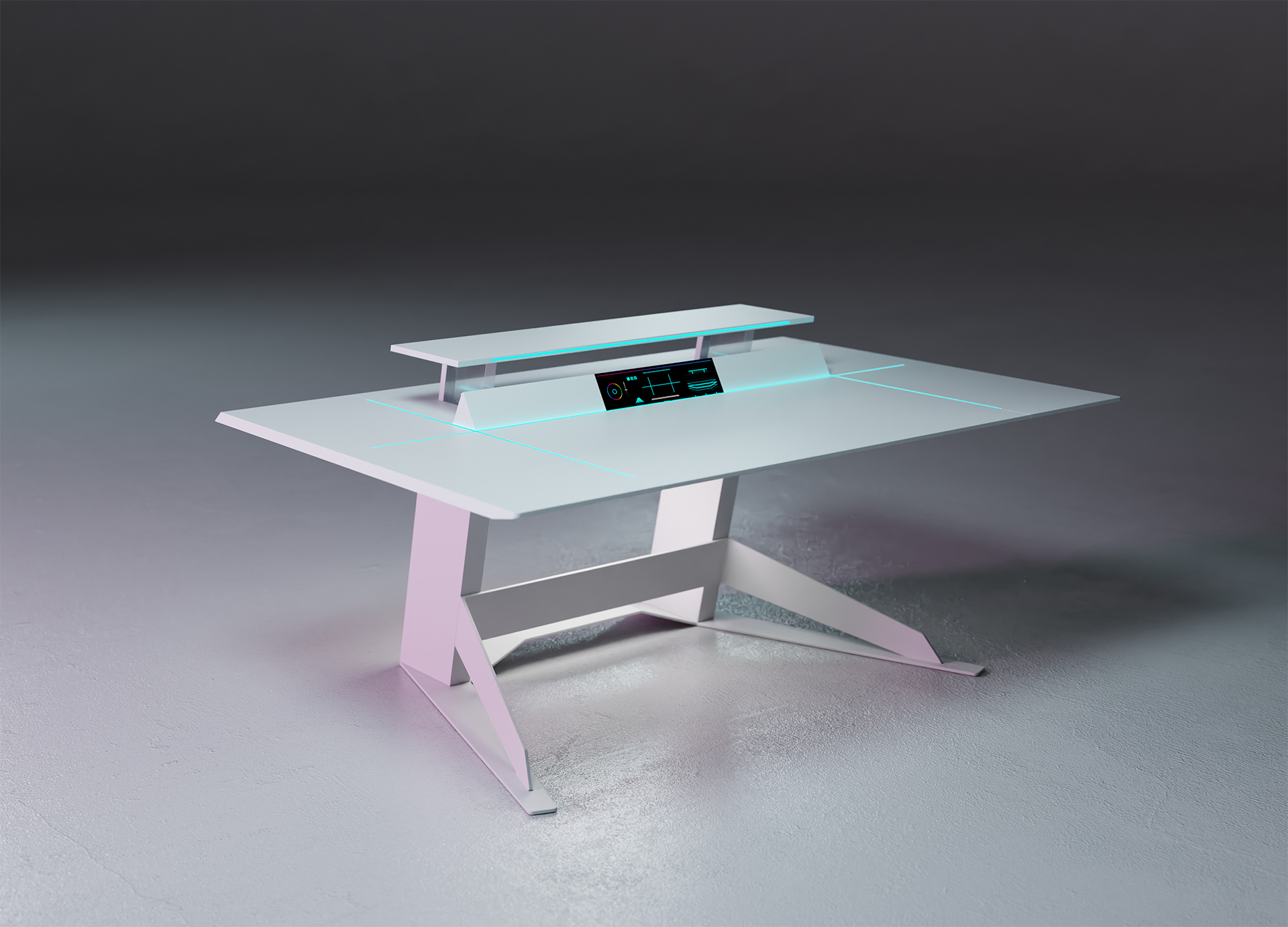 Futuristic white office desk with a clean, angular design and integrated cyan LED lighting accents. A raised rear platform and built-in digital control panel are seamlessly embedded into the surface, showcasing the desk’s advanced functionality and minimal, tech-forward aesthetic.