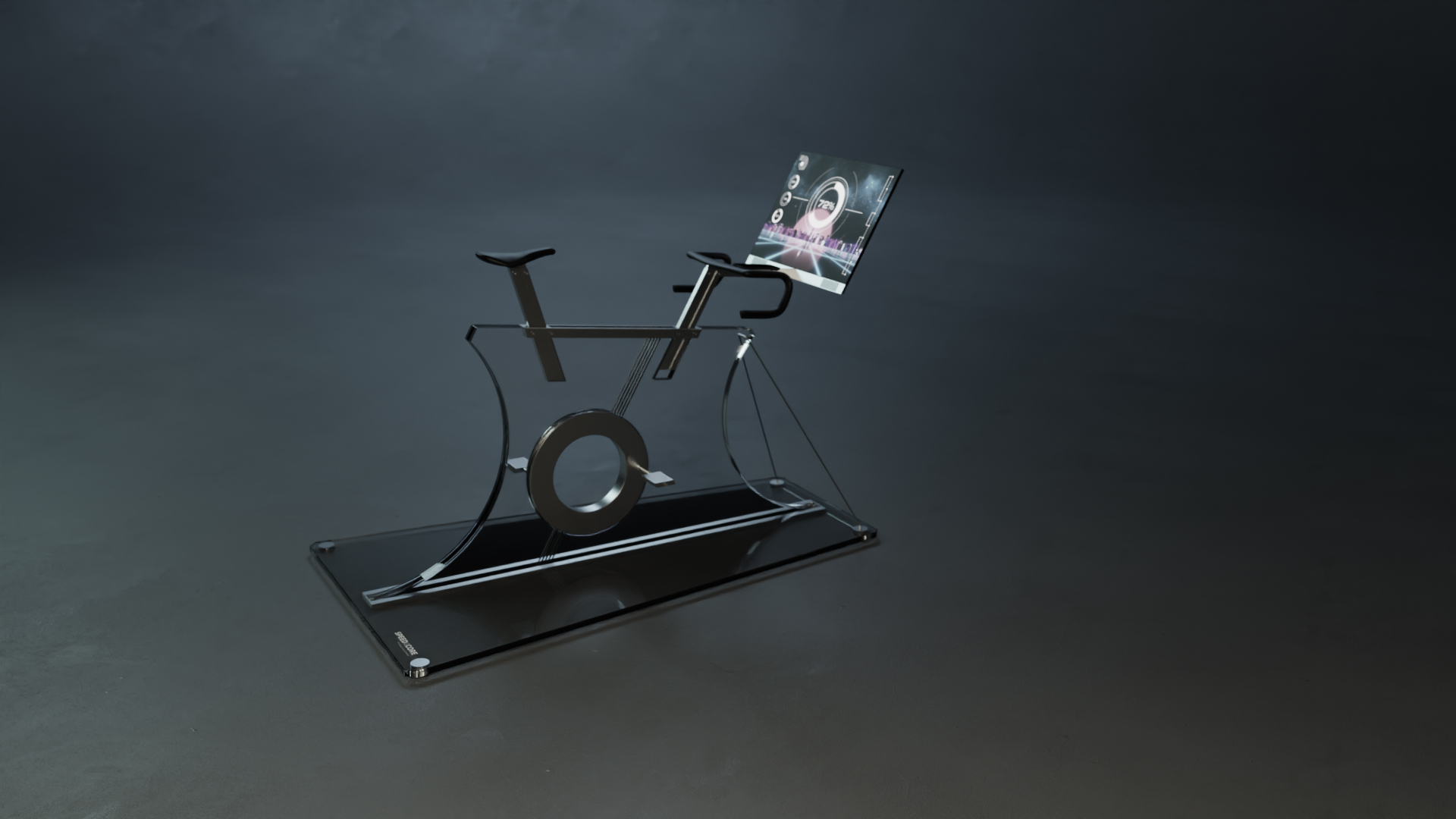 Back view of a futuristic indoor bike with a striking transparent glass panel frame, illuminated linear light elements, and minimal black handlebars and saddle, presented against a dark backdrop to emphasize its sculptural, high-tech design.