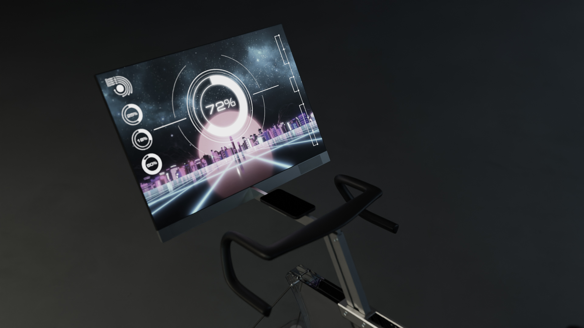 Close-up of a futuristic indoor bike’s display screen showing a neon cityscape interface with performance metrics at 72%, set above sleek black handlebars and a glass frame, highlighting the immersive virtual cycling experience and high-tech design.