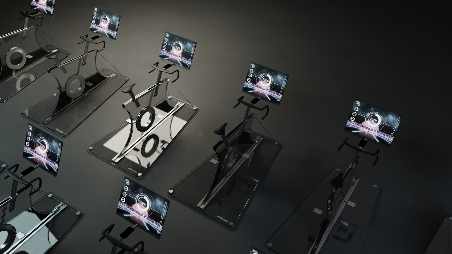 Futuristic indoor bikes with a striking transparent glass panel frame, and minimal black handlebars and saddle, presented against a dark backdrop to emphasize its sculptural, high-tech design in a group setting.