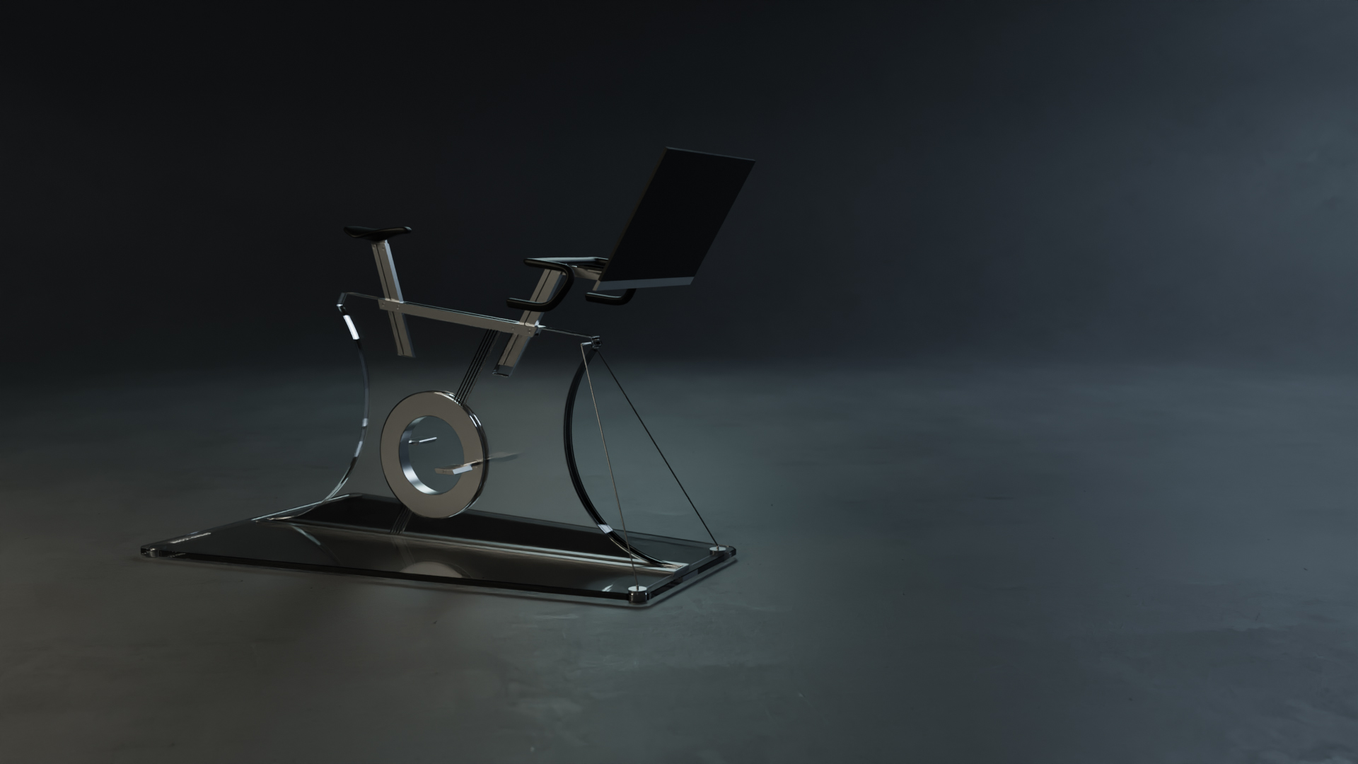 Futuristic indoor bike with a striking transparent glass panel frame, and minimal black handlebars and saddle, presented against a dark backdrop to emphasize its sculptural, high-tech design.