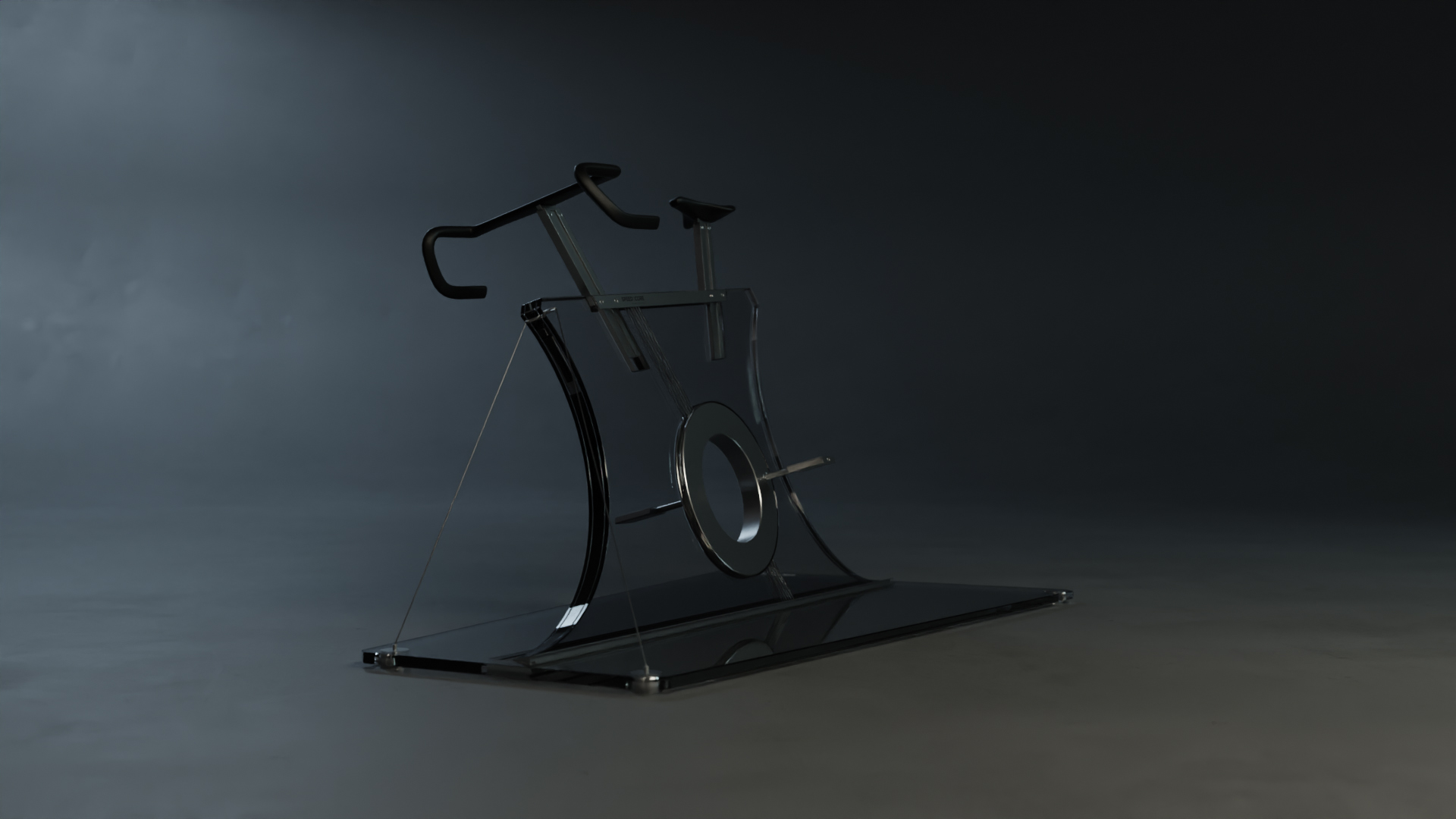 Futuristic indoor bike with a striking transparent glass panel frame, and minimal black handlebars and saddle, presented against a dark backdrop to emphasize its sculptural, high-tech design in a leaning position.