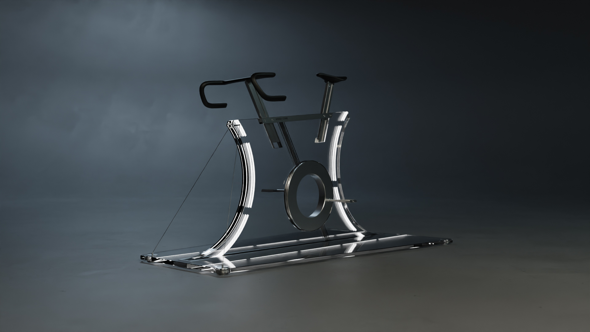 Futuristic indoor bike with a striking transparent glass panel frame, illuminated linear light elements, and minimal black handlebars and saddle, presented against a dark backdrop to emphasize its sculptural, high-tech design.